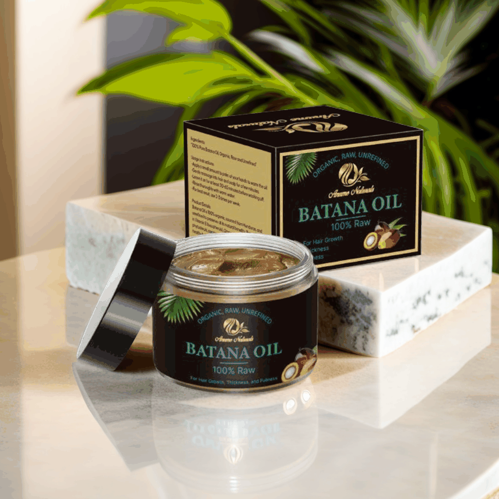 Anume Naturals Raw Batana Oil jar and box on marble surface for natural hair care and growth