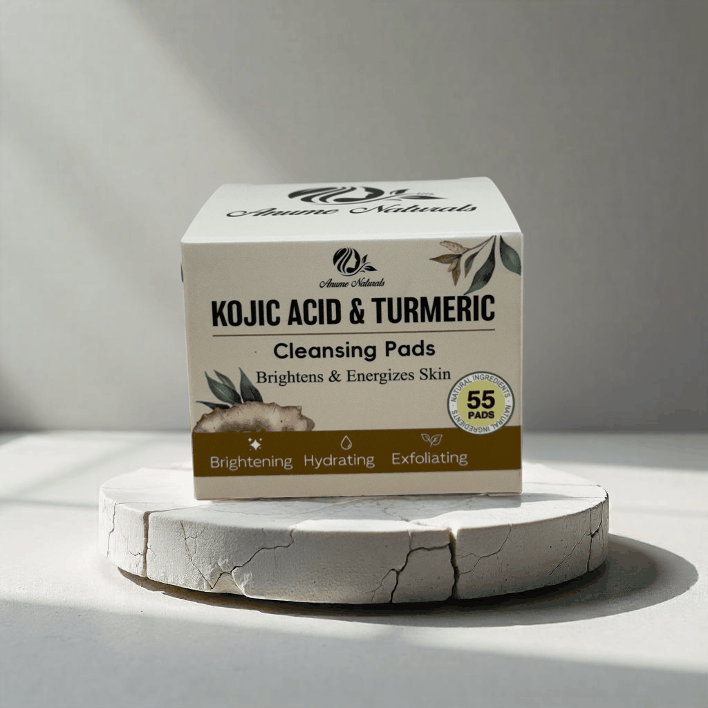 Anume Naturals Kojic Acid and Turmeric Cleansing Pads box highlighting brightening, hydrating, and exfoliating benefits.
