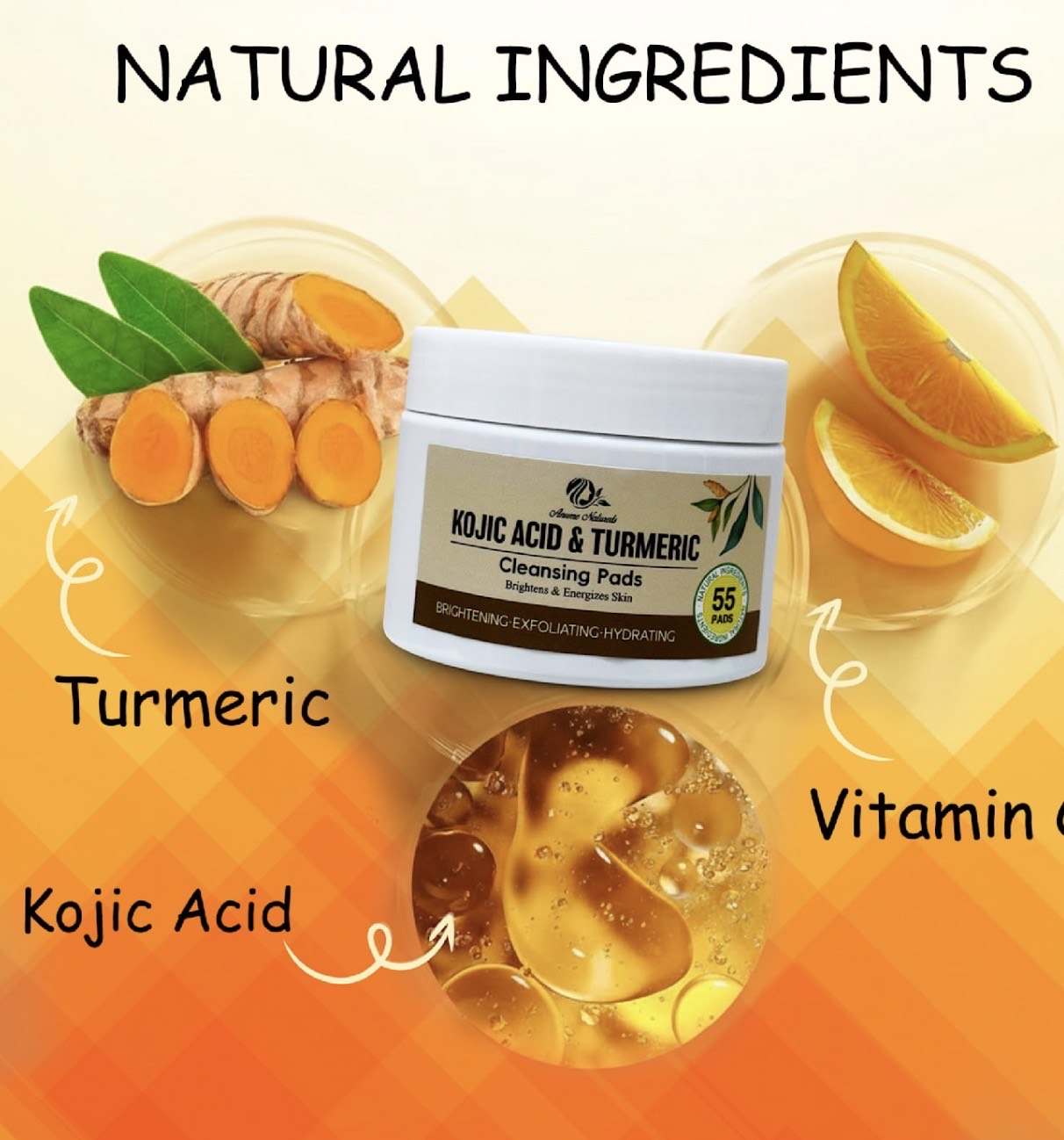 Anume Naturals Kojic Acid and Turmeric Cleansing Pads with natural ingredients turmeric, kojic acid, and vitamin C for brightening and exfoliating skin.