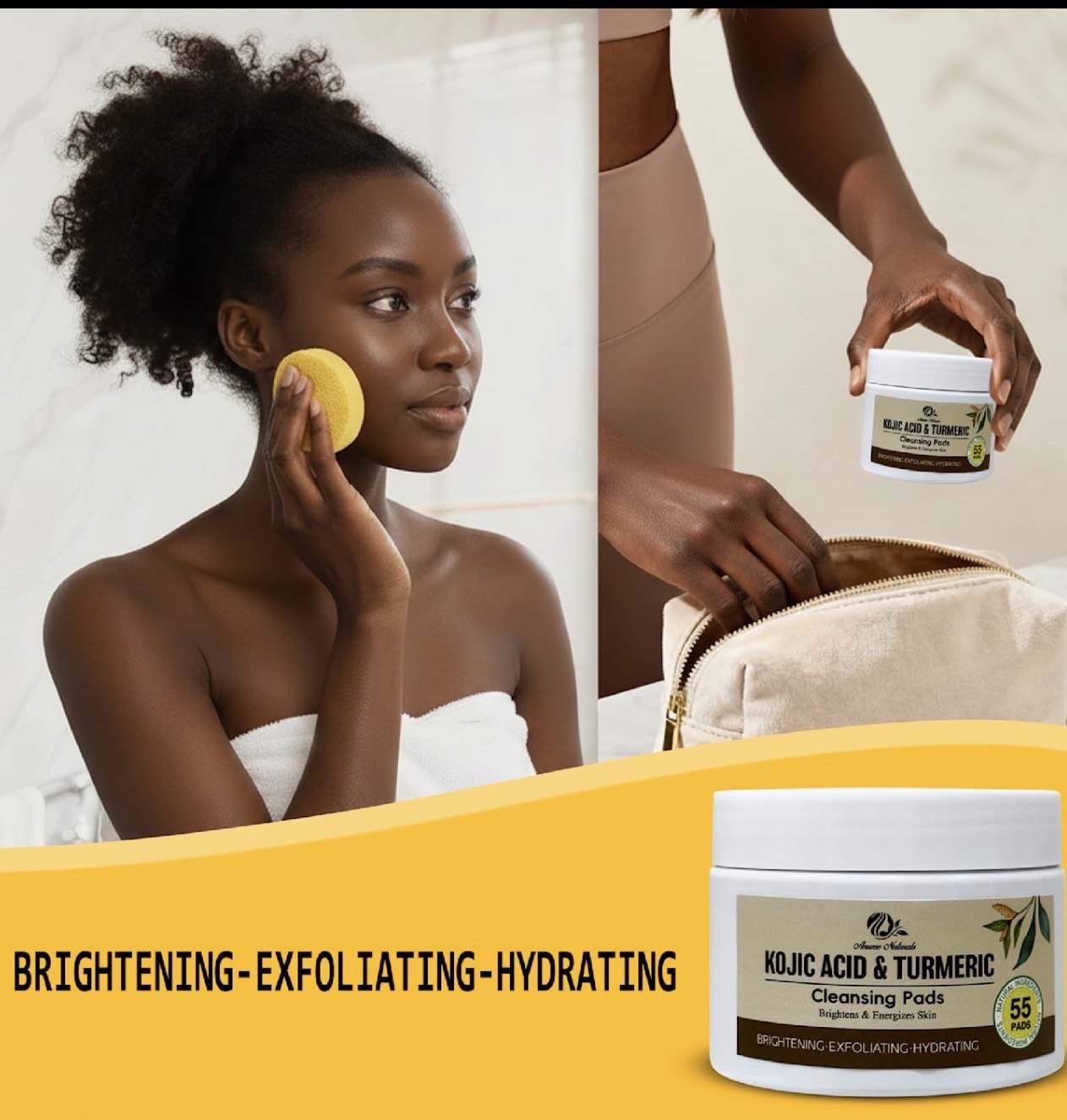 Anume Naturals Kojic Acid and Turmeric Radiance Cleansing Pads for brightening, exfoliating, and hydrating skin with natural botanicals.