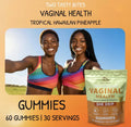 Tropical Hawaiian Pineapple She Drip vaginal health gummies packaging with two smiling women in colorful sportswear, promoting vaginal moisture, pH balance, and freshness.