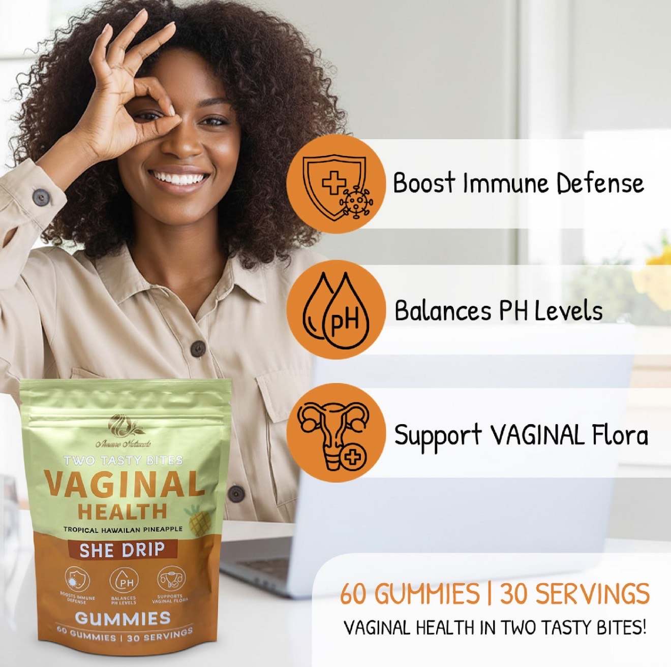 She Drip Tropical Hawaiian Pineapple vaginal health gummies supporting moisture, pH balance, and vaginal flora