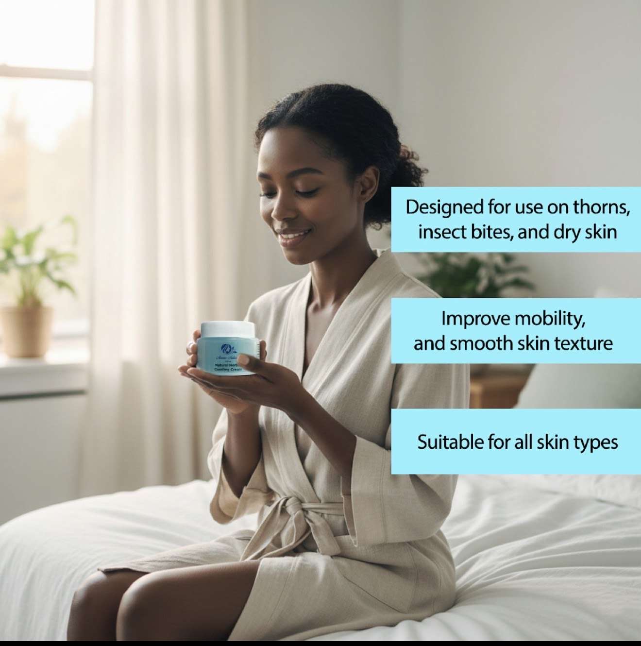 Woman in robe holding Minty Comfrey Healing Ointment designed for thorns, insect bites, and dry skin, suitable for all skin types