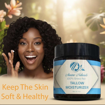 Unscented Beef Tallow moisturizer jar with smiling woman promoting soft, healthy skin natural grass-fed product