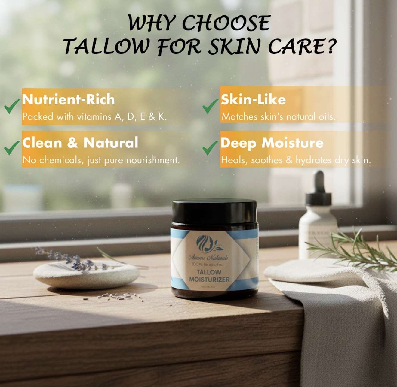 Unscented Beef Tallow moisturizer jar on wooden surface highlighting nutrient-rich, skin-like, clean natural, and deep moisture benefits