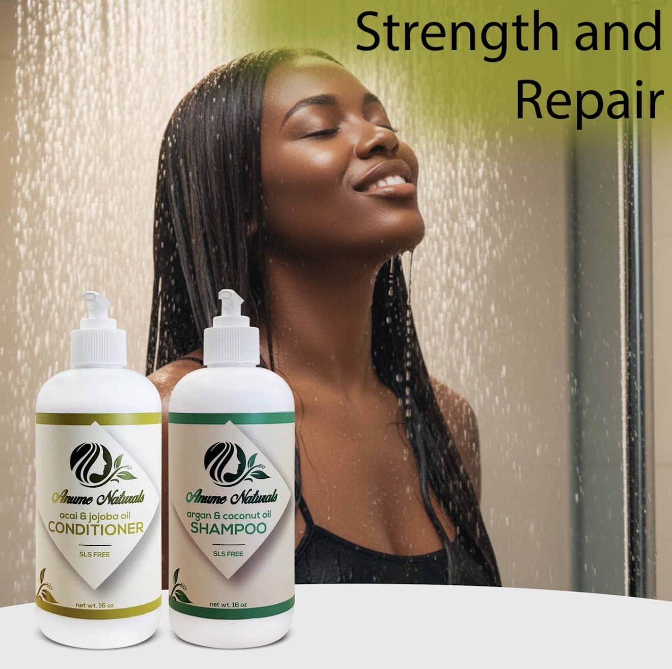 Acai + Jojoba Shampoo and Organic Coconut Oil Conditioner set with happy woman under shower, promoting strength and repair