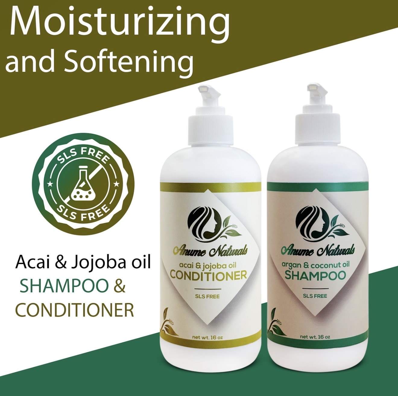 Acai + Jojoba Shampoo and Organic Coconut Oil Conditioner set, moisturizing and softening, SLS free hair care duo