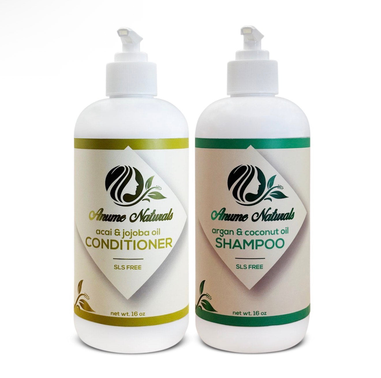 Anume Naturals Acai + Jojoba Shampoo and Organic Coconut Oil Conditioner set, 16 oz bottles, sulfate-free hair care duo