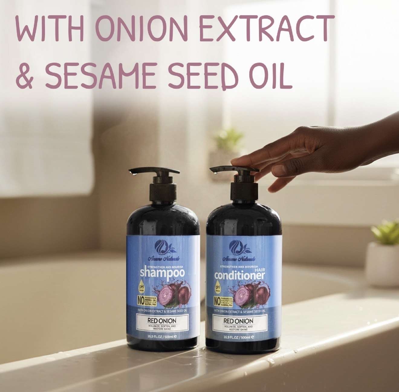 Anume Naturals Red Onion Shampoo and Conditioner set with onion extract and sesame seed oil for hair strengthening and nourishment