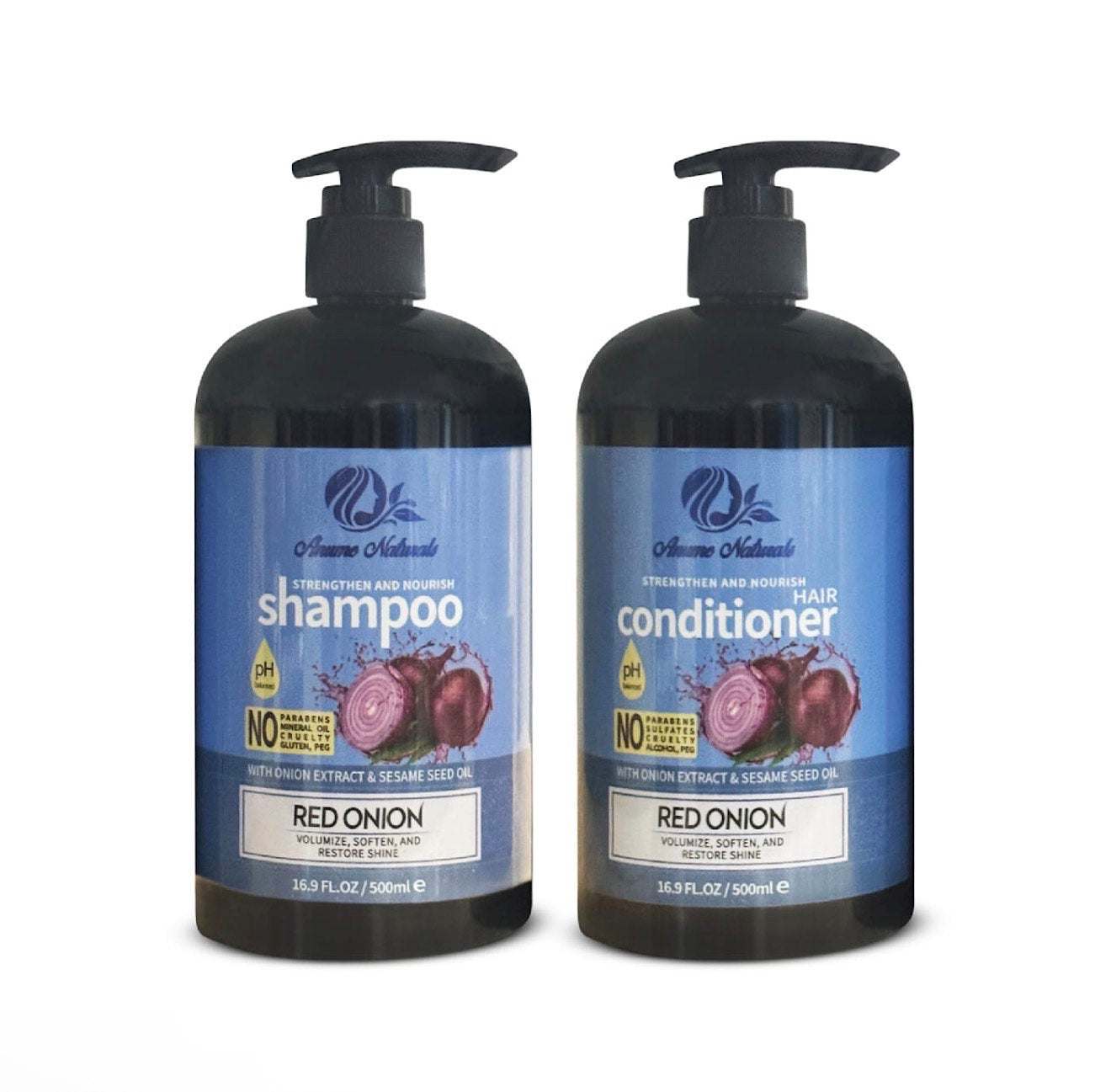 Anume Naturals red onion shampoo and conditioner set with sesame seed oil in black pump bottles