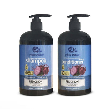 Anume Naturals red onion shampoo and conditioner set with sesame seed oil in black pump bottles