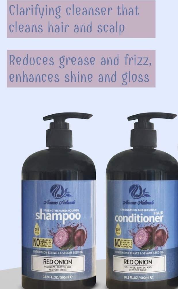 Anume Naturals Red Onion Shampoo and Conditioner set with pump bottles, designed to cleanse scalp, reduce grease and frizz, and enhance hair shine and gloss.