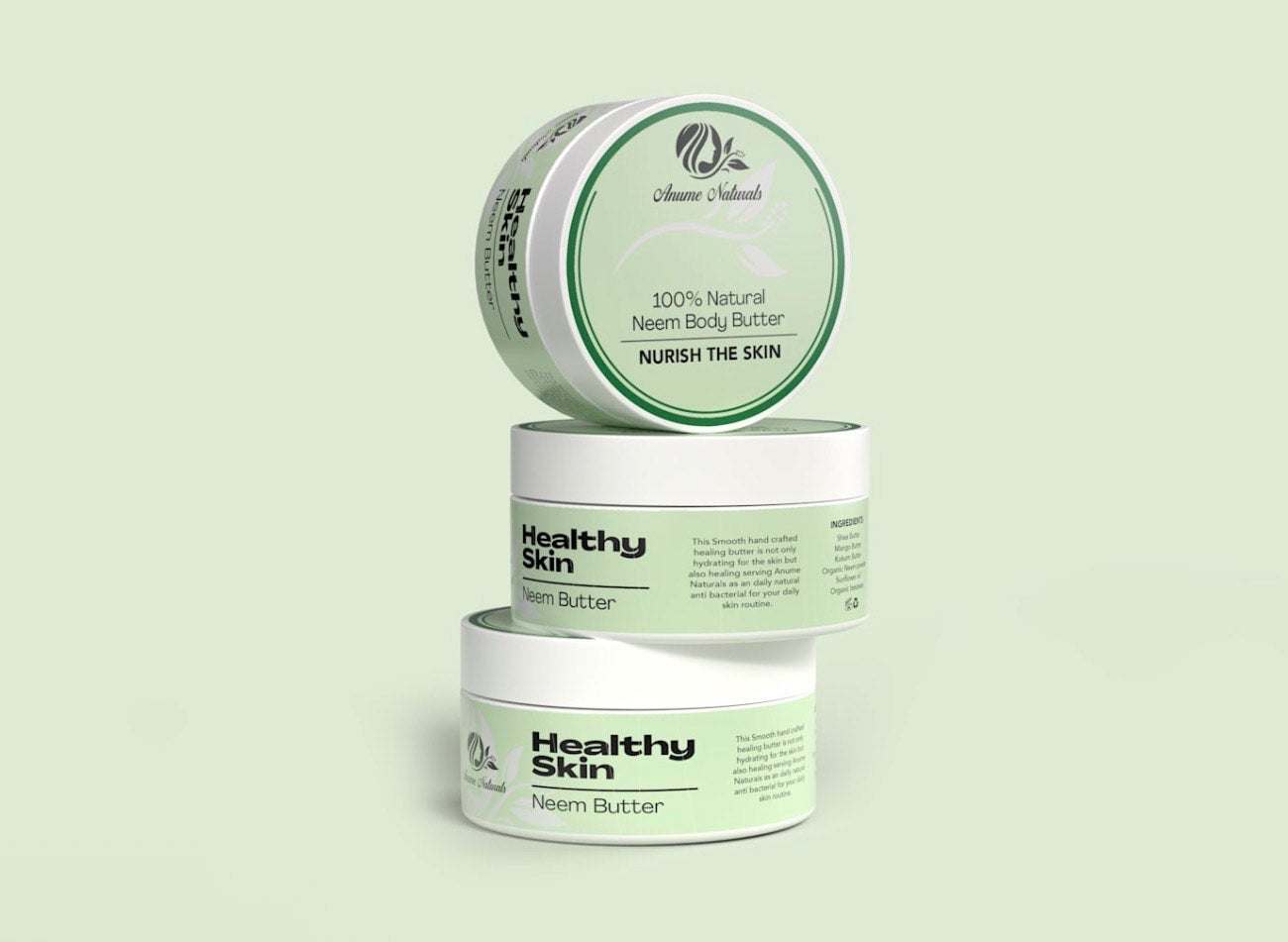 Stack of 100% Natural Neem Body Butter containers for soothing and hydrating sensitive skin