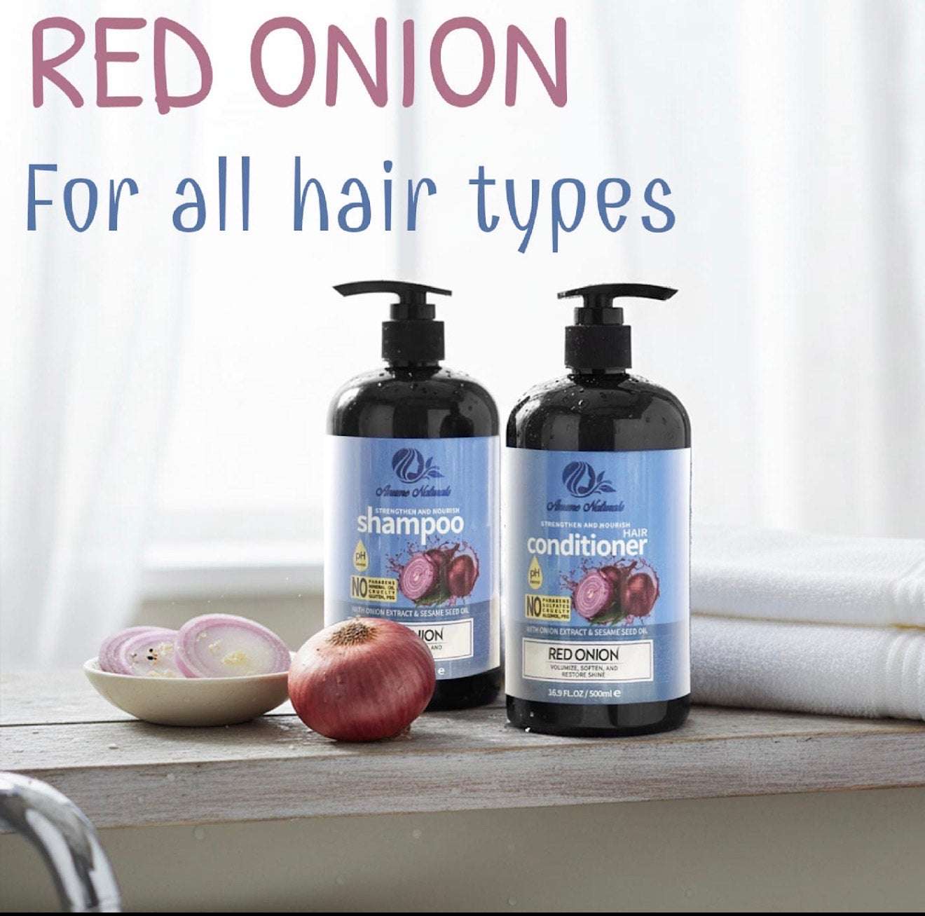 Anume Naturals Red Onion shampoo and conditioner set for all hair types with natural ingredients