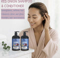 Anume Naturals Red Onion Shampoo and Conditioner set with woman showing nourished shiny hair