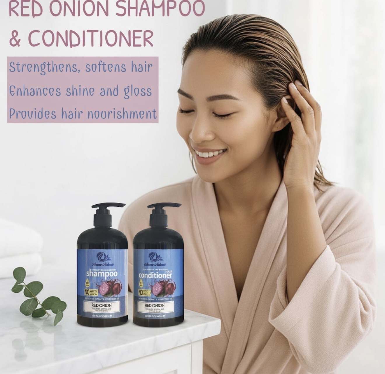 Anume Naturals Red Onion Shampoo and Conditioner set with woman showing nourished shiny hair