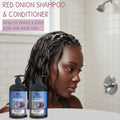 Anume Naturals red onion shampoo and conditioner set with woman in shower for hair revival