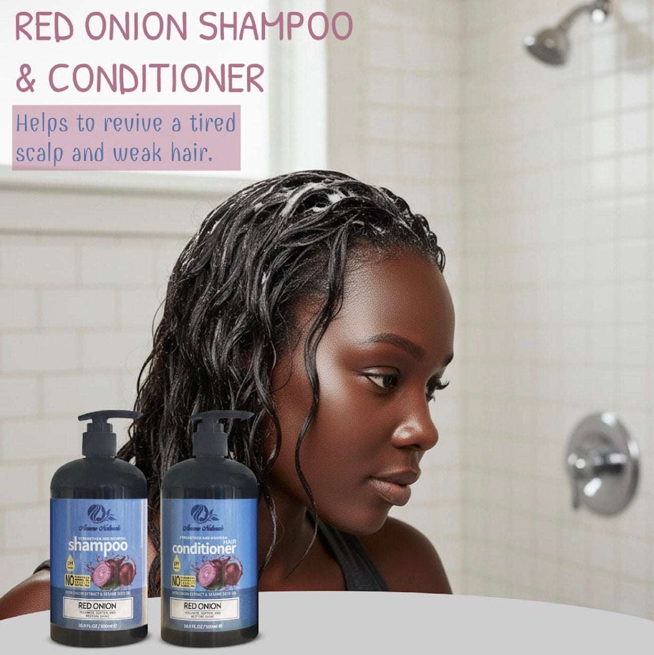Anume Naturals red onion shampoo and conditioner set with woman in shower for hair revival