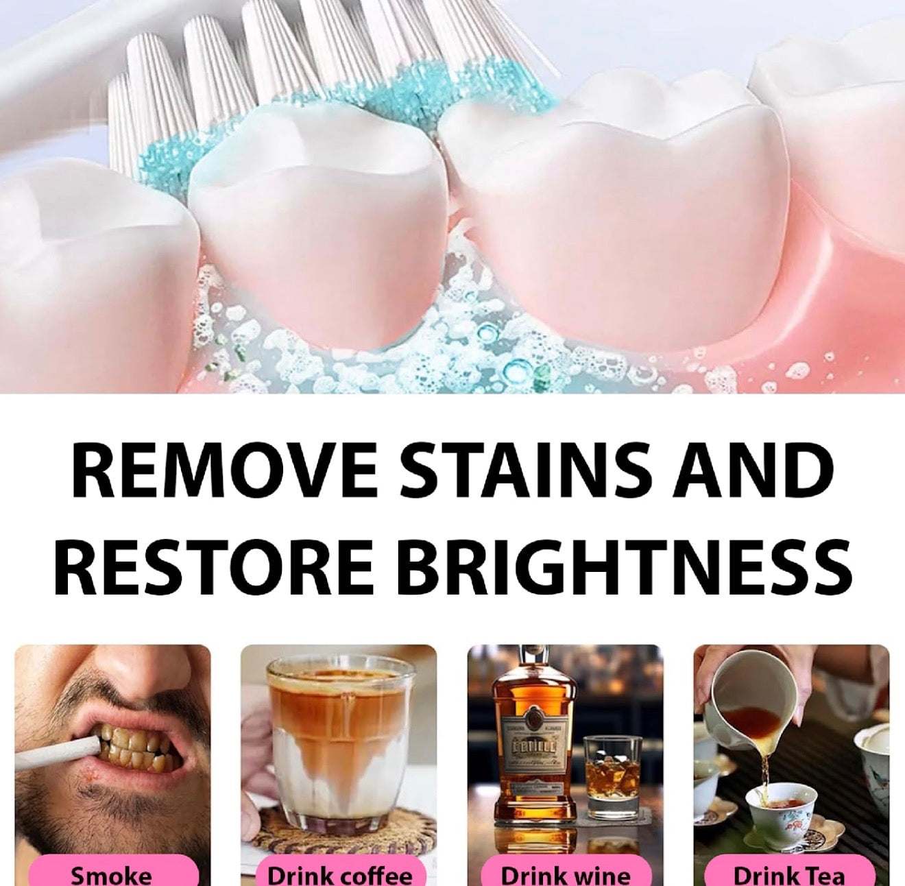Natural teeth whitening powder removing stains from teeth caused by smoke, coffee, wine, and tea for a brighter smile