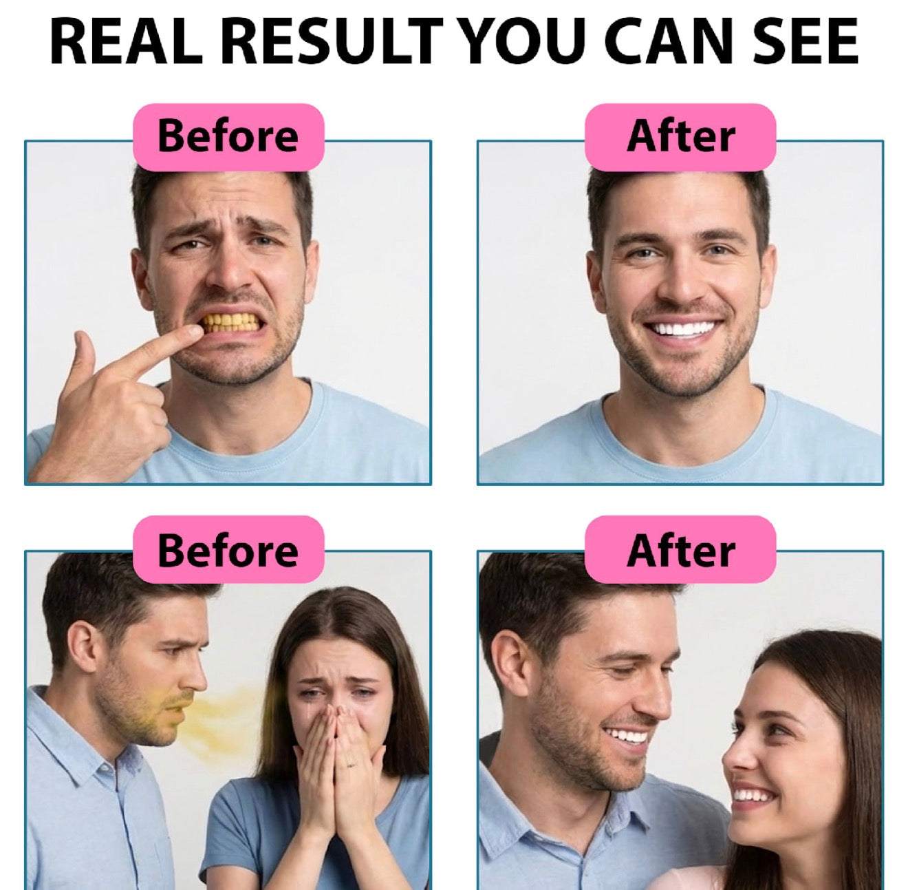 before and after results of natural teeth whitening powder showing improved teeth color and fresh breath