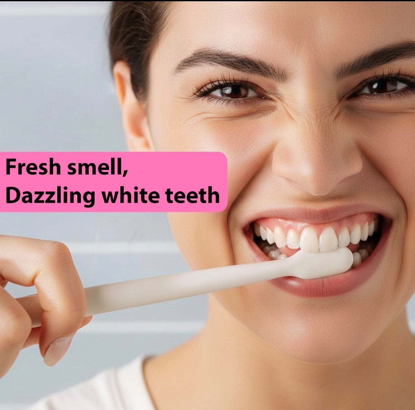 Woman brushing teeth with natural teeth whitening powder for fresh smell and dazzling white teeth