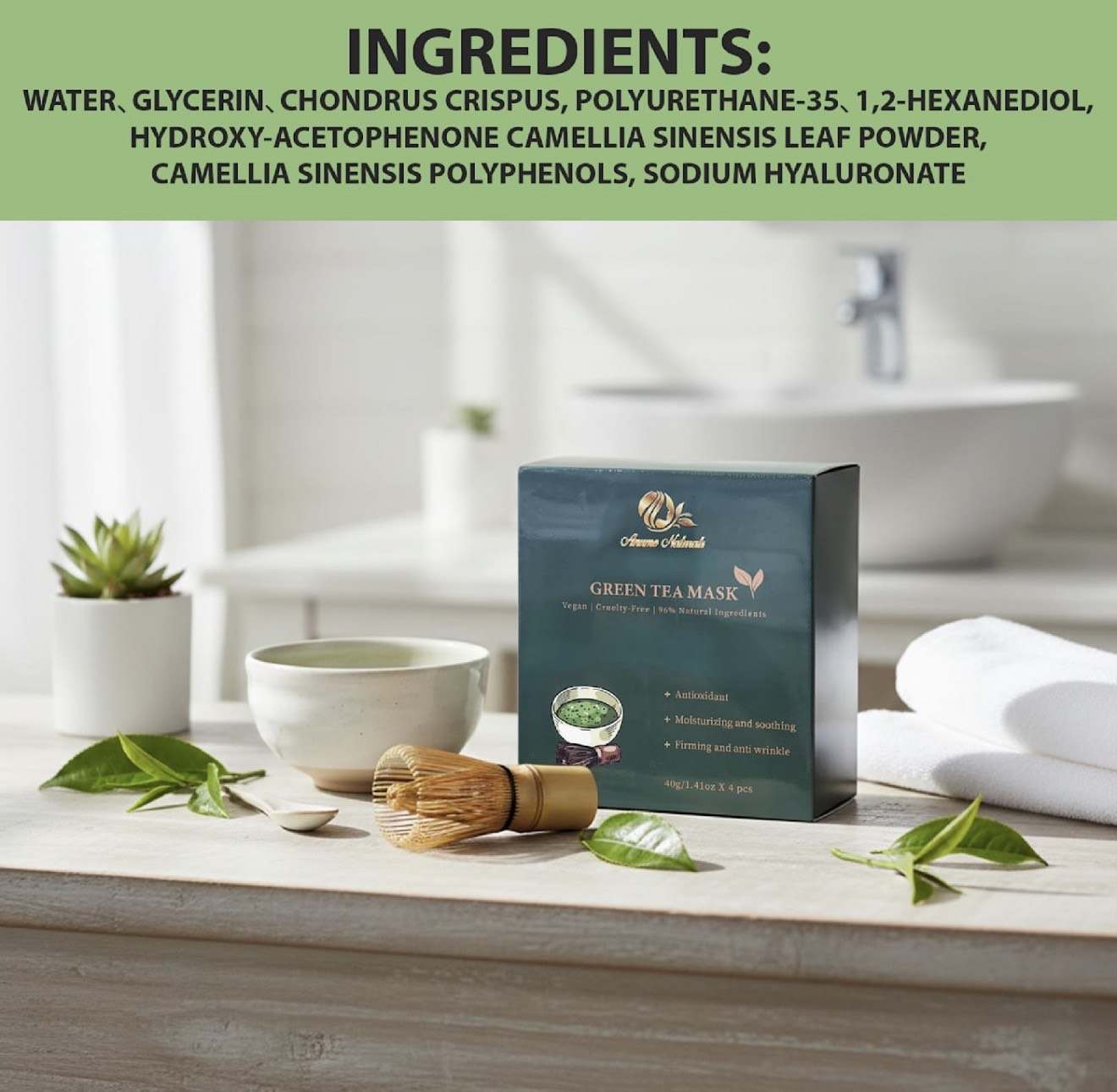 Anume Naturals Green Tea antioxidant face mask pack of 4 for firm, glowing skin