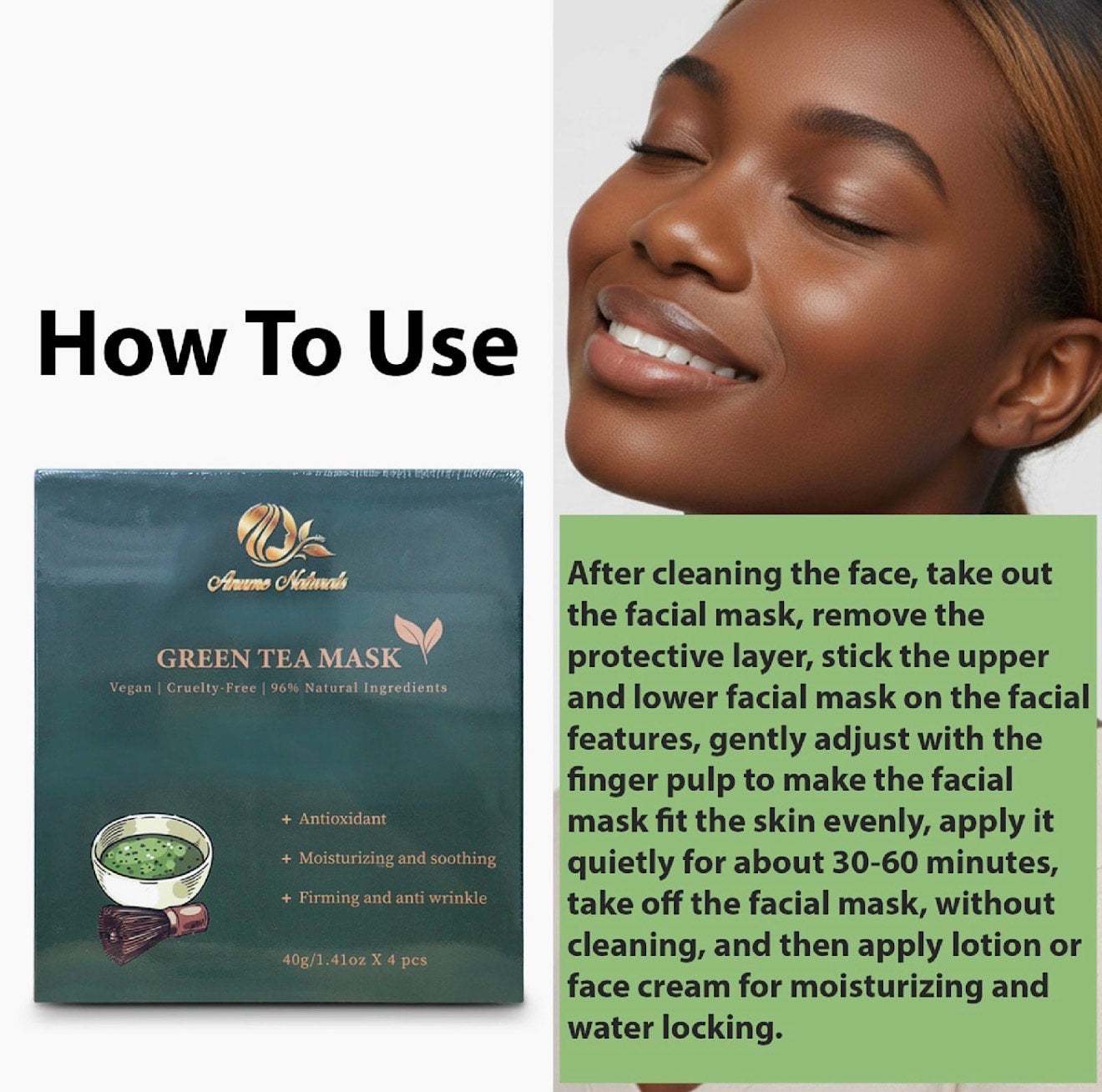 Anume Naturals Green Tea antioxidant face mask pack of 4 for moisturizing and anti-aging skincare