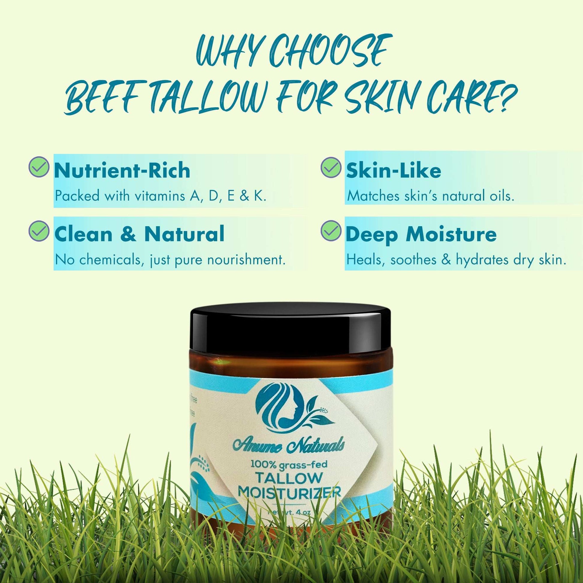 Unscented Beef Tallow moisturizer jar by Anume Naturals in grass with benefits like nutrient-rich, skin-like, clean, natural, and deep moisture.